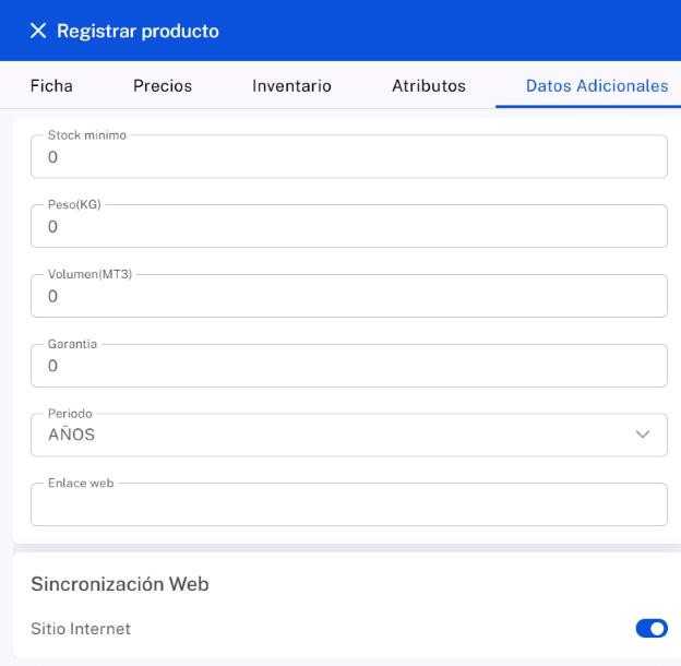 Pestaña Datos Adicionales del producto