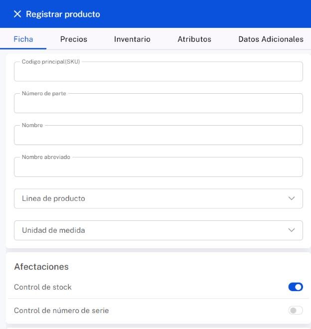 Pestaña Ficha del formulario Registrar producto